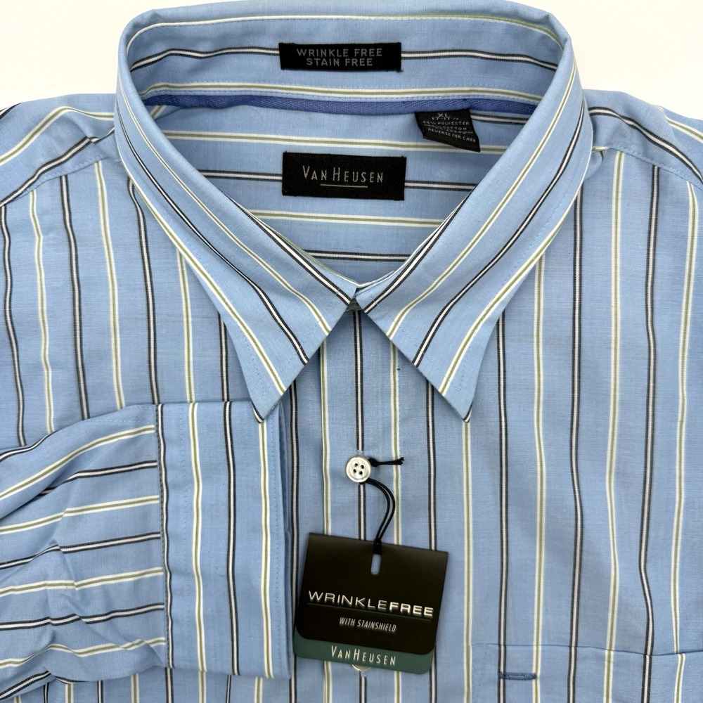 Van Heusen Men's Long Sleeve Blue Striped XL 17-17 1/2 Button Wrinkle Free NWT